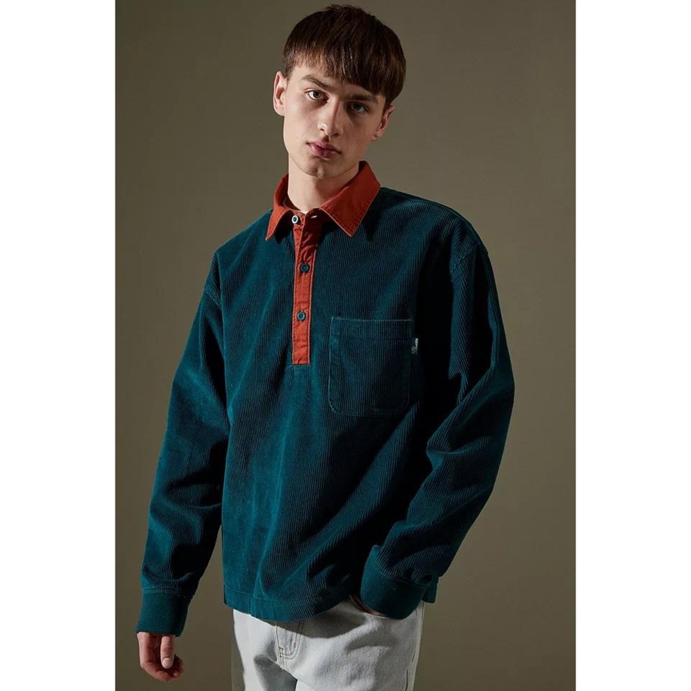 Urban Outfitters Corduroy Polo Shirt M Teal Green Colorblock Gorpcore Fall